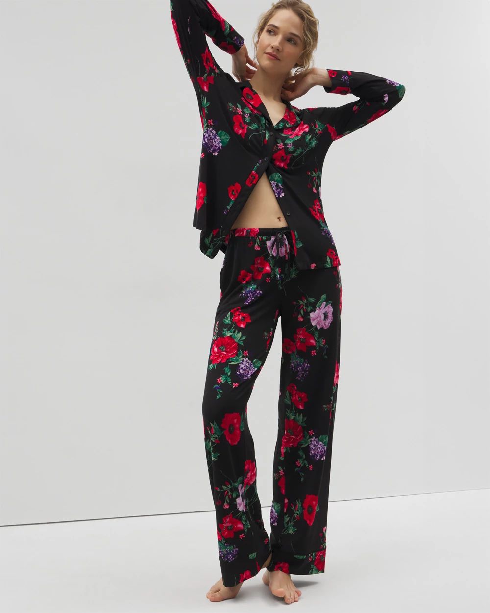 Long-Sleeve Printed Notch Collar Pajama Top | Soma